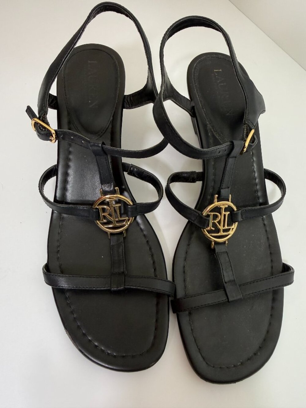 Ralph Lauren Womens 10 Black Leather Wedge Heels T-Strap Sandals Gold Medallion